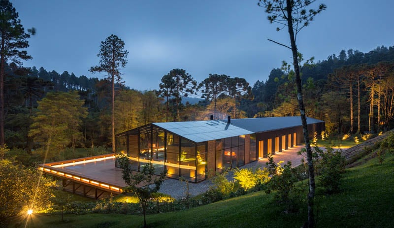style-rustique-moderne-façade-verre-grandes-fenetres-terrasse-bois-forêt