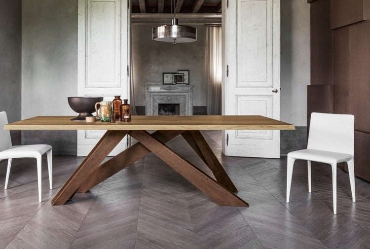 table-salle à manger plateau bois massif pieds-acier-corten Bonaldo