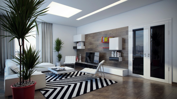 tapis-salon-moderne-chevrons-noir-blanc-plancher-bois