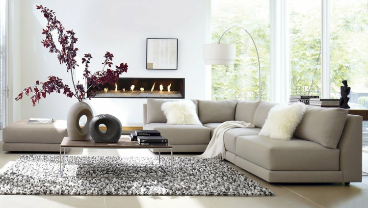 tapis salon moderne pompons laine nuances grises