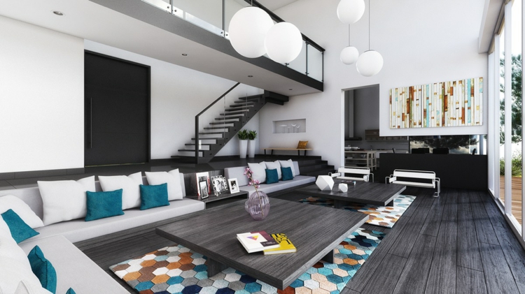 tapis-salon-moderne-segments-hexagonaux-couleurs-placher-bois-massif-foncé