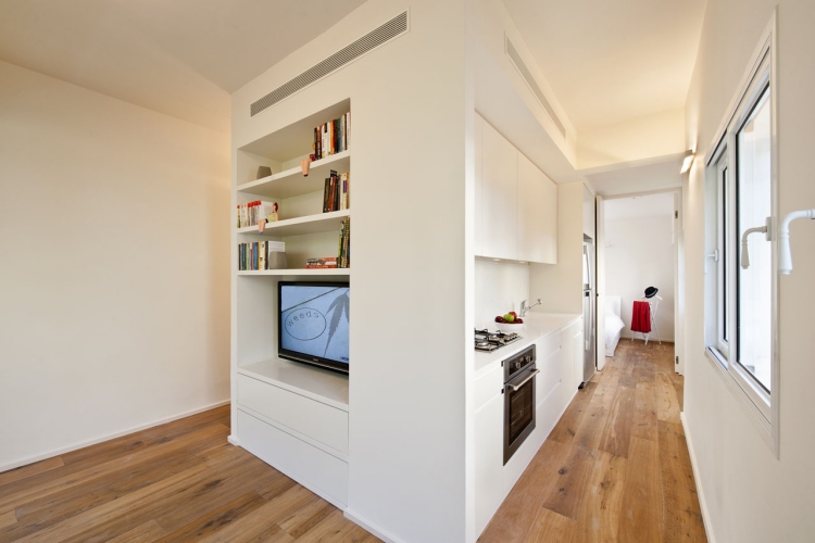 amenagement-petit-espace-cuisine-lineaire-meuble-tv-blanc-parquet