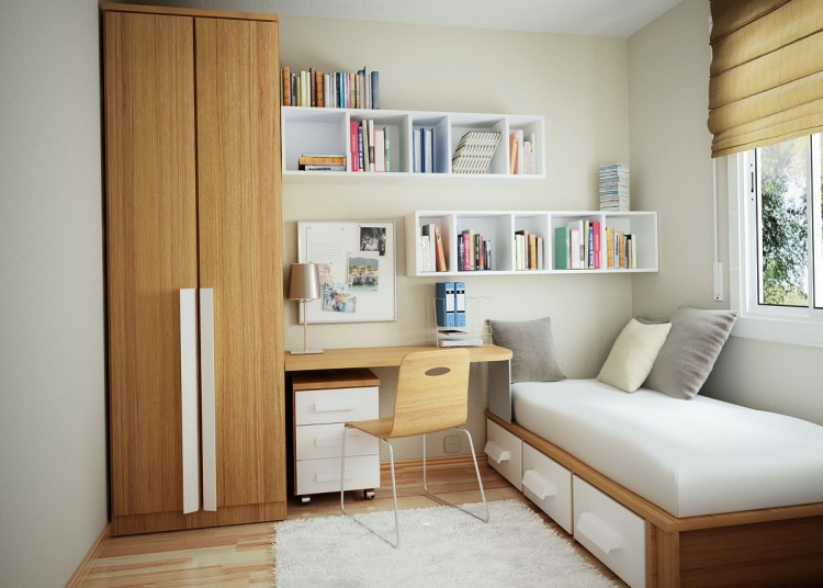 amenagement-petit-espace-lit-rangements-armoire-etroite-meuble-bureau-bois aménagement petit espace
