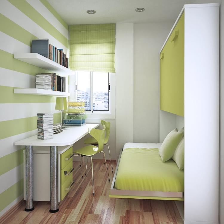 amenagement-petit-espace-meuble-bureau-lit-escamotable-vert-clair-blanc aménagement petit espace