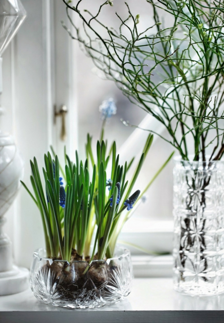 appui de fenêtre intérieur décoré de vase-bol-cristal-fleurs-bulbes-brindilles