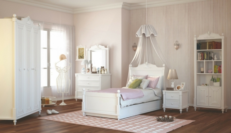 blanc-neige-chambre-enfant-papiers-peints-rayés-blanc-rose-mobilier-assorti