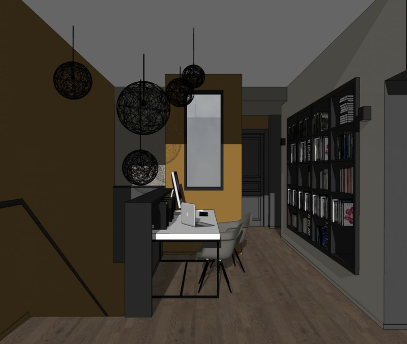 bureau-domicile-meuble-bureau-blanc-peinturemurale-jaune-blanc-bibliotheque meuble noir