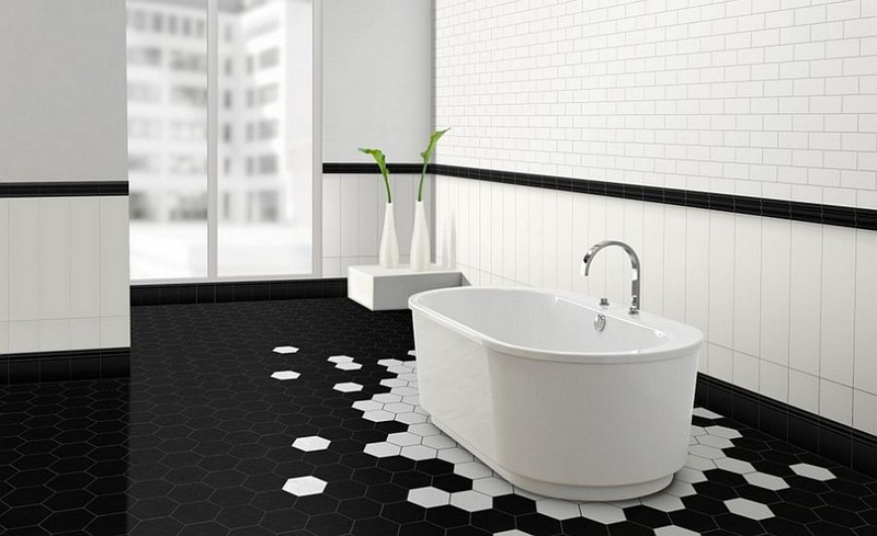 carrelage-salle-bain-noir-blanc-carrelage-hexagonal-noir-blanc-carreaux-metro-blancs salle de bain noir et blanc