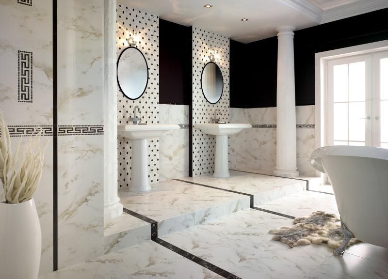 carrelage-salle-bain-noir-blanc-carrelage-marbre-blanc-motifs-noirs-vasques-pied-vintage