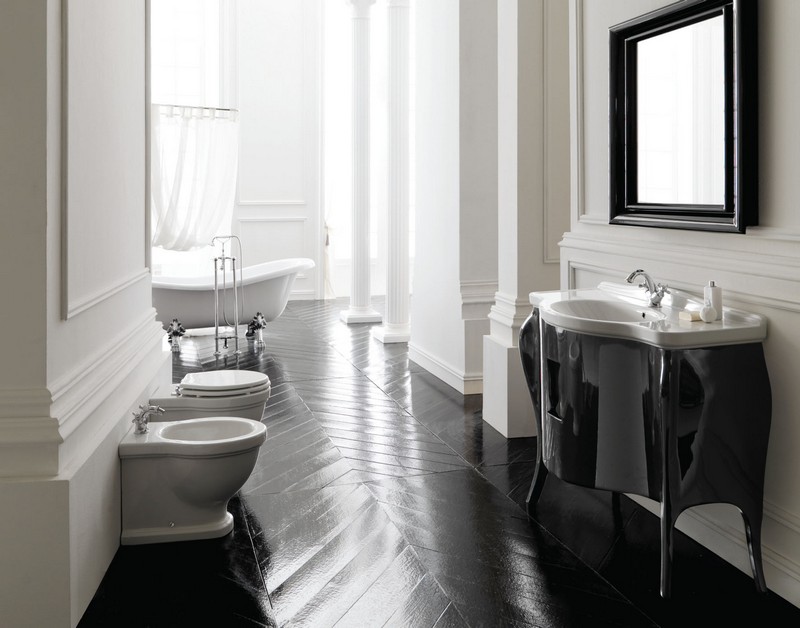 carrelage-salle-bain-noir-blanc-carrelage-sol-aspect-bois-noir-meuble-vasque-noir-vintage salle de bain noir et blanc