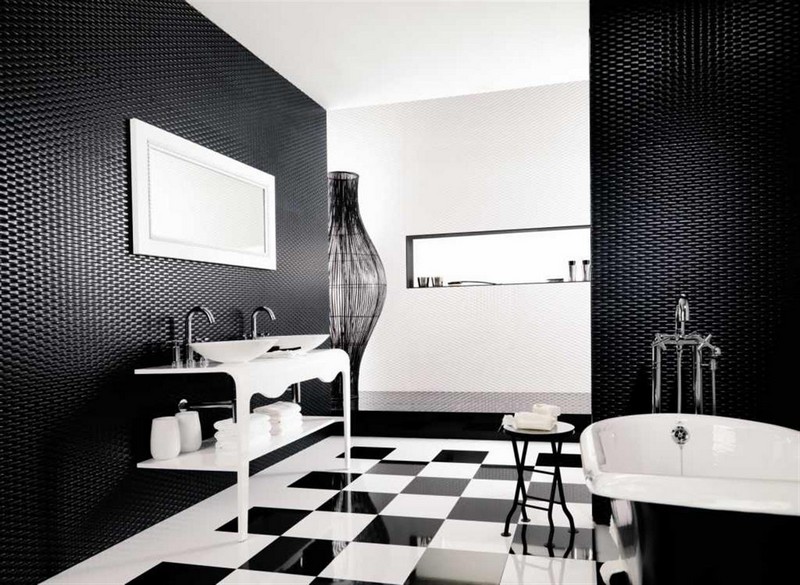 carrelage-salle-bain-noir-blanc-carrelage-sol-damier-mosaique-murale-relief-noire salle de bain noir et blanc
