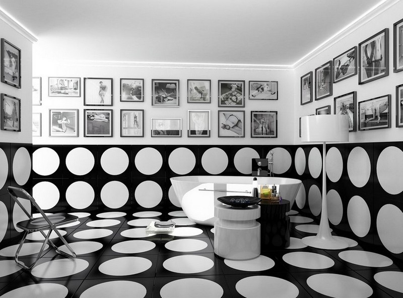 carrelage-salle-bain-noir-blanc-grand-format-noir-gros-pois-blancs salle de bain noir et blanc