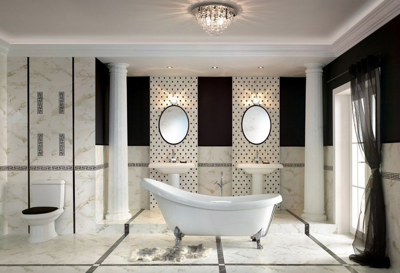 carrelage-salle-bain-noir-blanc-luxe-vintage-carreaux-marbre-blanc-motifs-noirs