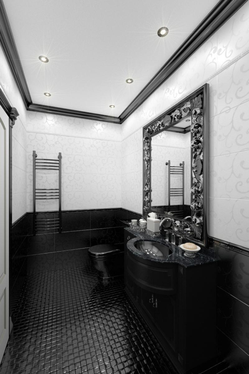 carrelage-salle-bain-noir-blanc-mosaique-noire-plancher-carrelage-mural-blanc-arabesques salle de bain noir et blanc