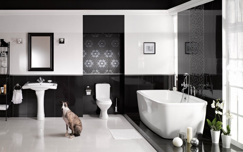 carrelage-salle-bain-noir-blanc-motifs-floraux-finition-brillante salle de bain noir et blanc