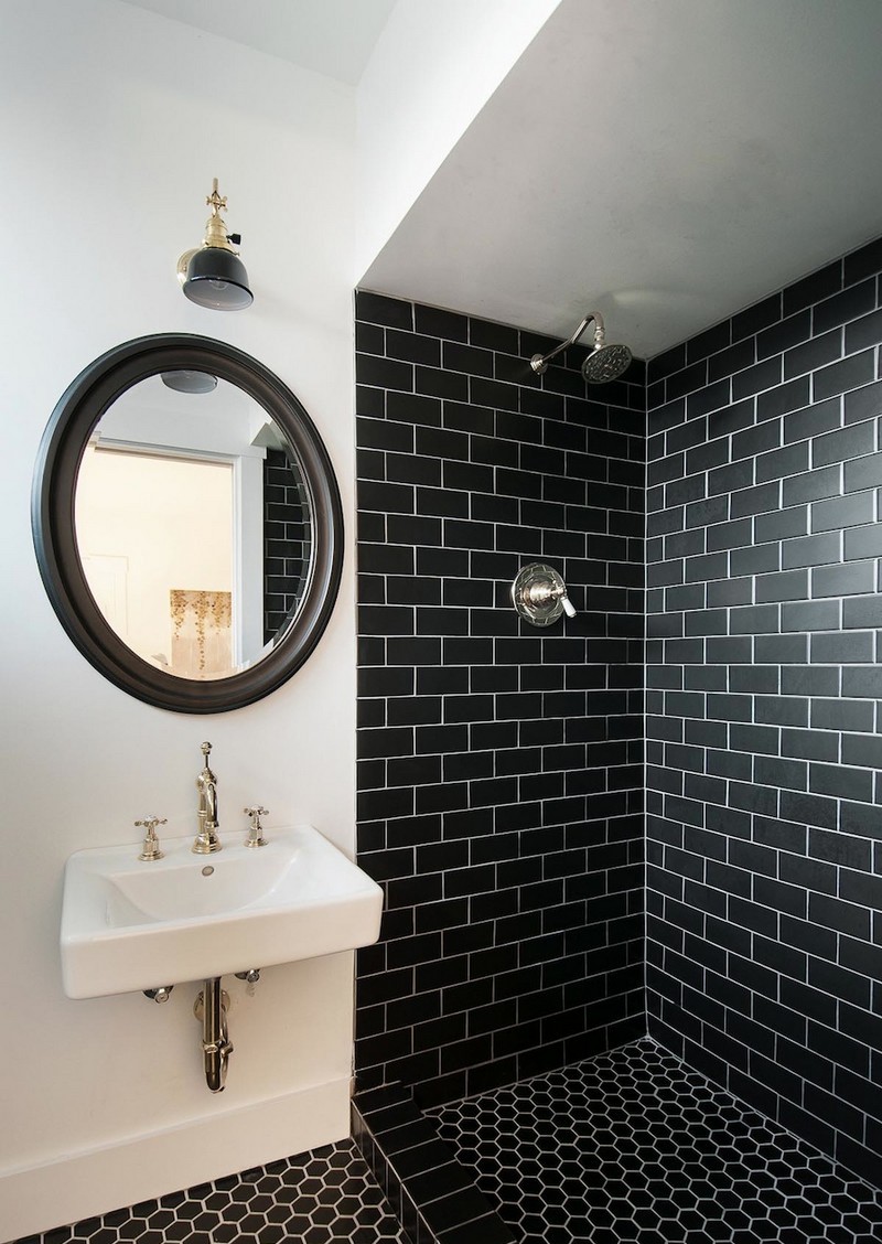 carrelage-salle-bain-noir-blanc-style-metro-motif-ruche-abeilles salle de bain noir et blanc