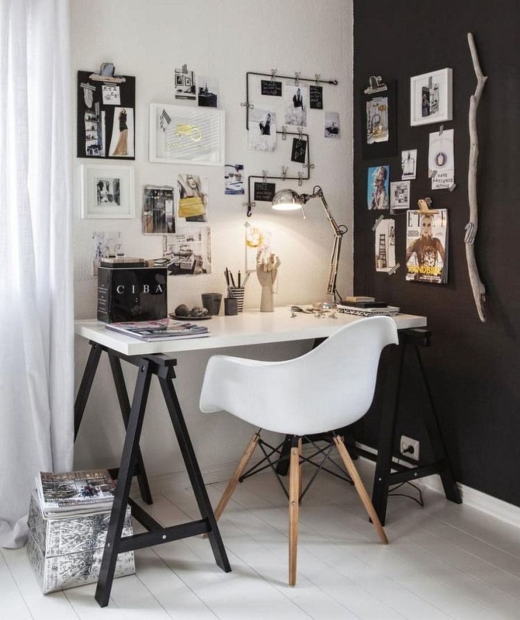 chaise Charles Eames blanche pieds érable tréteau bureau-noir-blanc