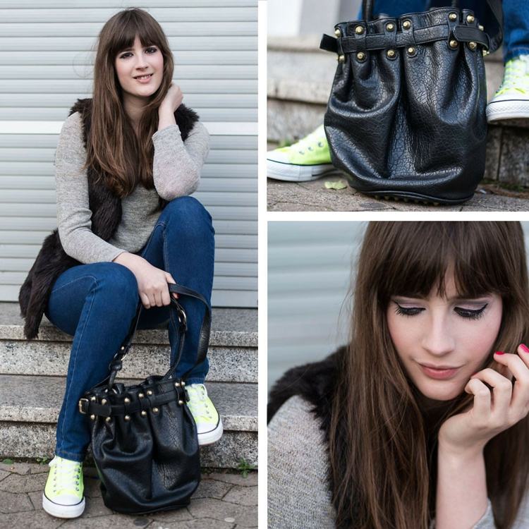 chaussures-tennis-femme-jeans-bleus-veste-manche-fourrure-sac-cuir-noir