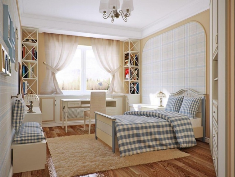cottage-anglais-murs-beiges-sol-parquet-toile-décorative-literie-blanc-bleu