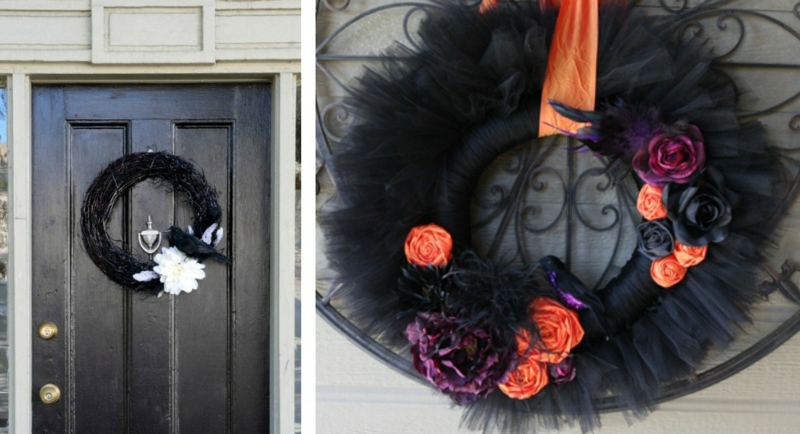 couronne-porte-automne-tulle-noir-ruban-orange-fleurs-papier
