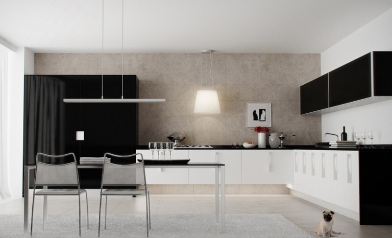 cuisine-blanche-noire-angle-ouverte-salle-manger-luminaires-design