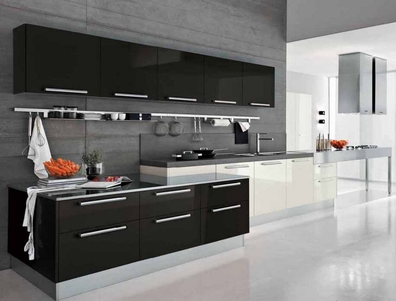 cuisine-blanche-noire-design-moderne-murs-béton-brut