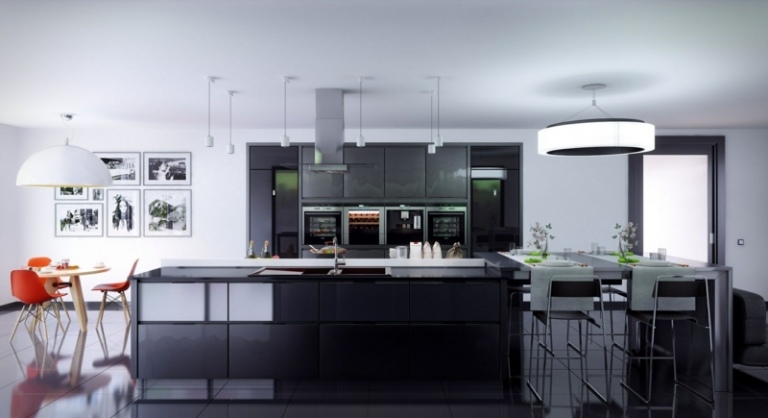 cuisine-noire-blanche-chaises-suspensions-design-accents