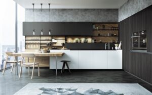 cuisine-noire-blanche-mate-bois-clair-tapis-motifs-géométriques