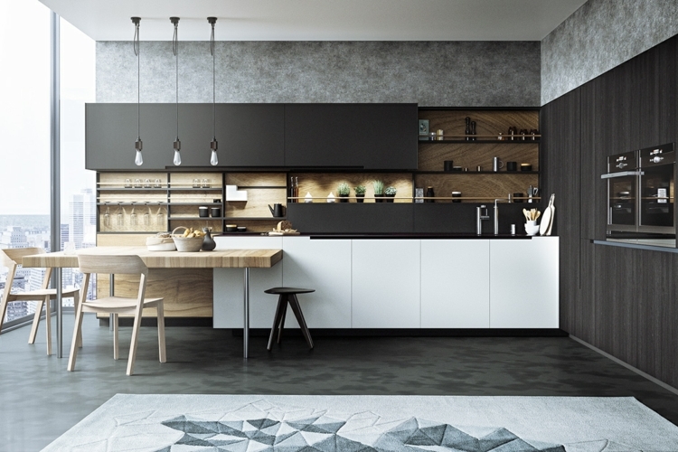 cuisine-noire-blanche-mate-bois-clair-tapis-motifs-géométriques