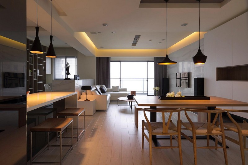 cuisine-ouverte-salon-salle-manger-blanc-noir-bois-luminaire-design