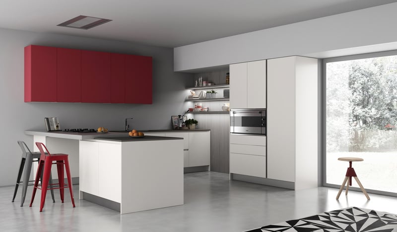 cuisine-rouge-grise-armoires-rouges-blanches-bar-petit-dejeuner-blanc-gris cuisine rouge et grise