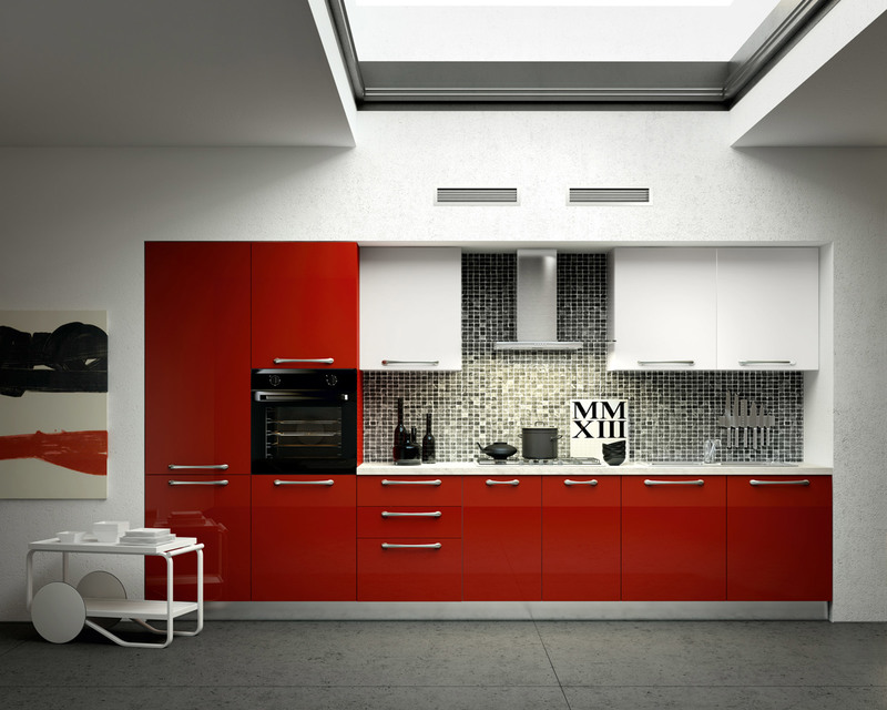 cuisine-rouge-grise-armoires-rouges-blanches-credence-mosaique-grise-carrelage-sol-grand-format cuisine rouge et grise