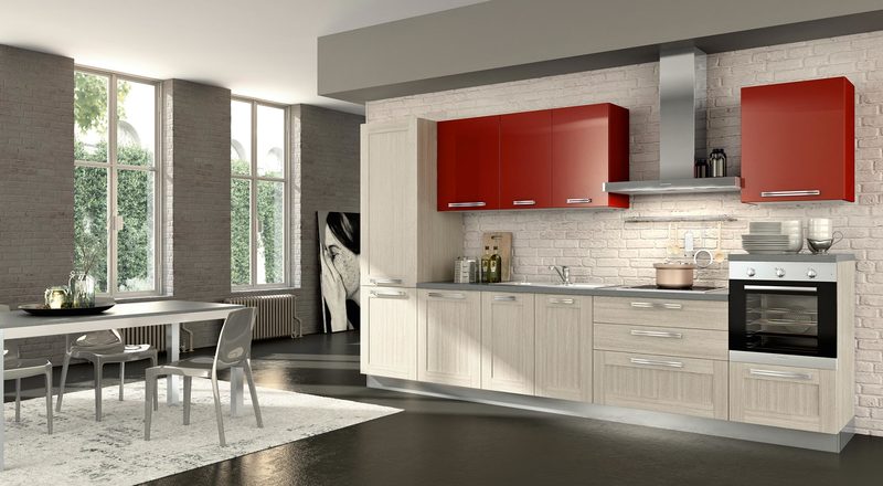 cuisine-rouge-grise-armoires-rouges-bois-blanchièpeinture-murale-grise-brique-blanche-grise cuisine rouge et grise