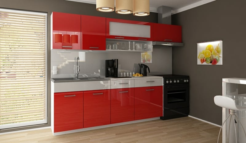 cuisine-rouge-grise-armoires-rouges-credence-gris-clair-peinture-murale-grise cuisine rouge et grise