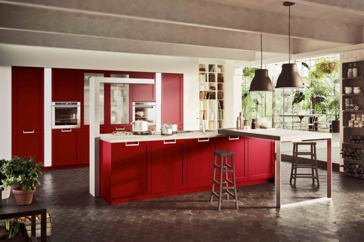 cuisine-rouge-grise-placards-îlot-rouges-accents-blancs-carrelage-sol-hexagonal-gris