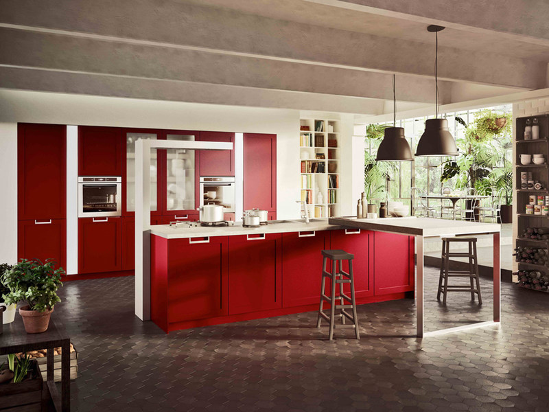 cuisine-rouge-grise-placards-îlot-rouges-accents-blancs-carrelage-sol-hexagonal-gris cuisine rouge et grise