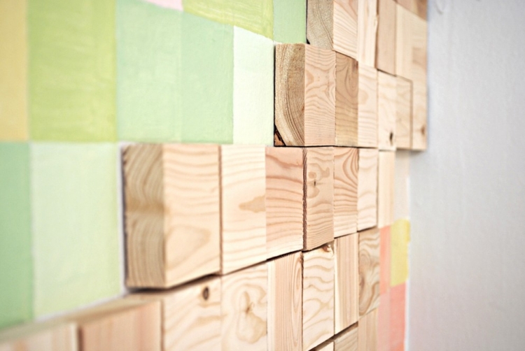deco-murale-bois-DIY-cubes-bois-3d-carres-peinture-verte déco murale bois