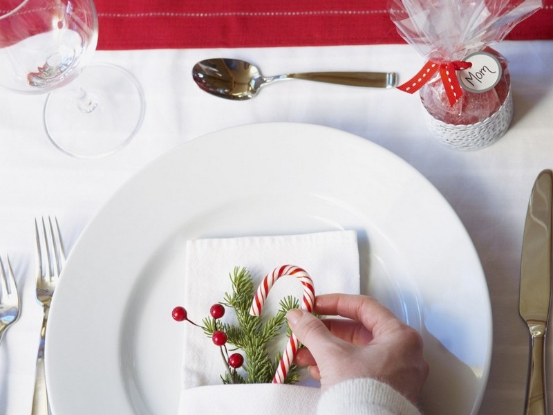 deco-table-noel-rouge-blanc-deco-assiette-branche-sapin-baies-rouges-canne-noel déco table Noël rouge et blanc