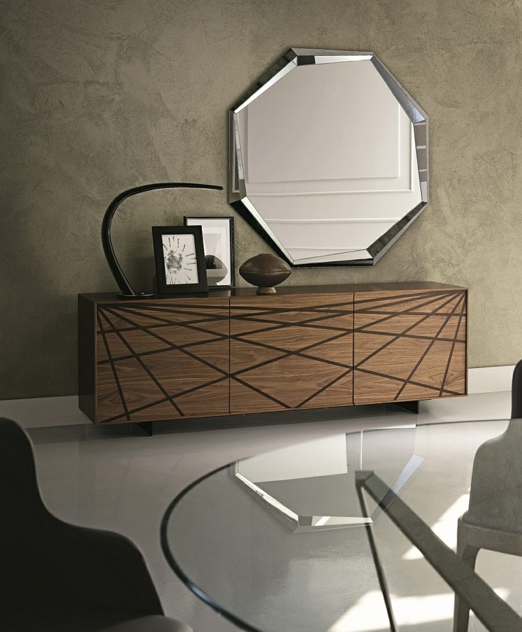 decoration-buffet-moderne-bois-miroir-hexagonal-lampe-table-moderne