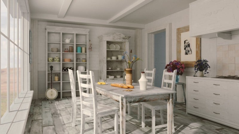 decoration-maison-campagne-cuisine-blanche-table-chaises-bois-blanchi-parquet-stratifie décoration maison de campagne