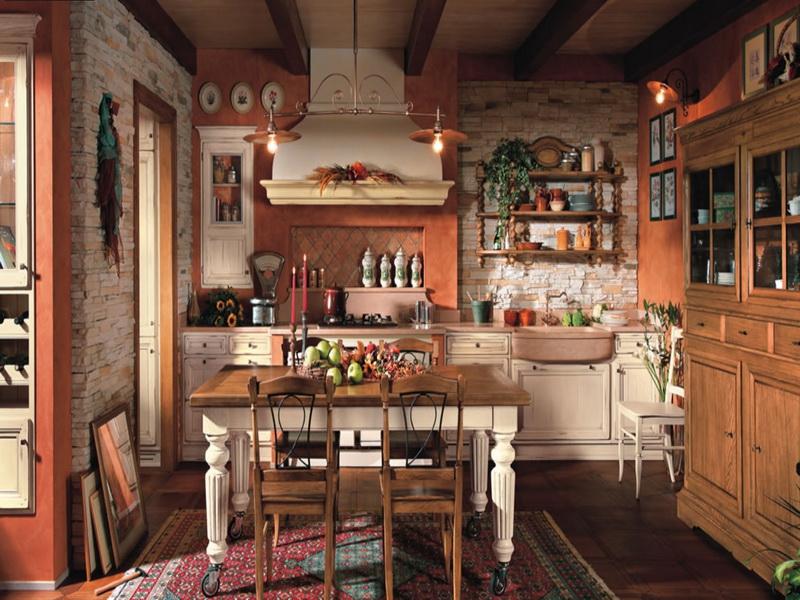 decoration-maison-campagne-cuisine-pierre-parement-meubles-bois-tapis-rouge-bleu
