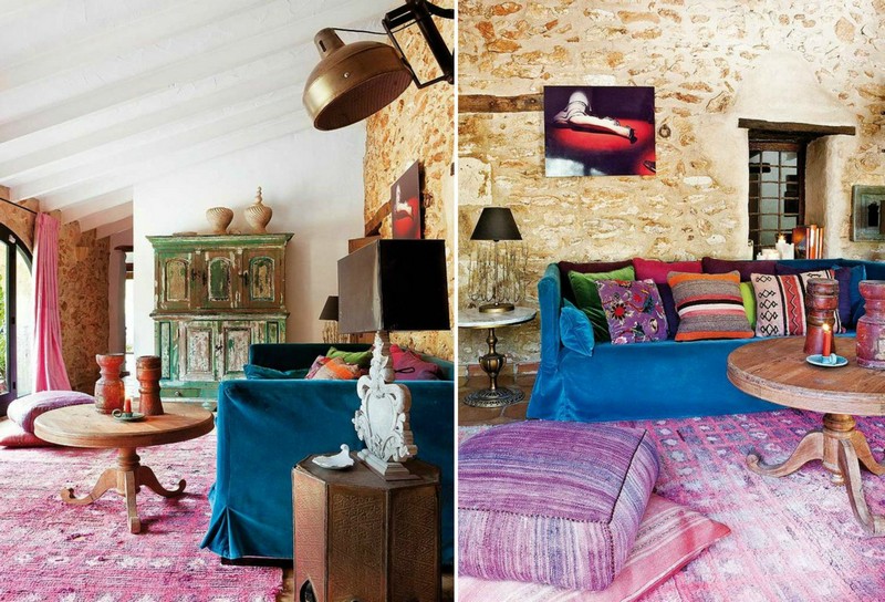 decoration-maison-campagne-salon-tapis-rose-canape-fauteuil-bleu-cobalt-table-basse-bois-commode-verte