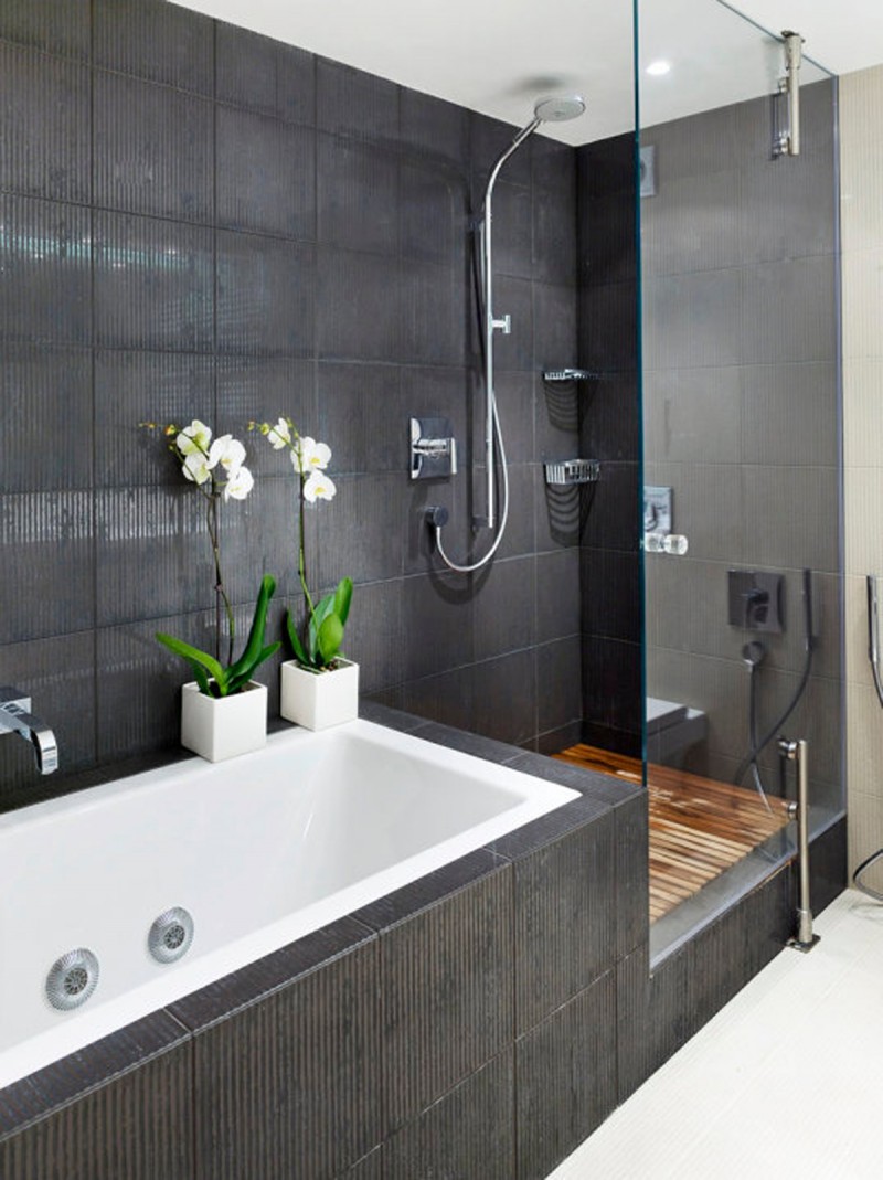 déco salle de bain zen -carrelage-gris-receveur-douche-bois-orchidées-blanches