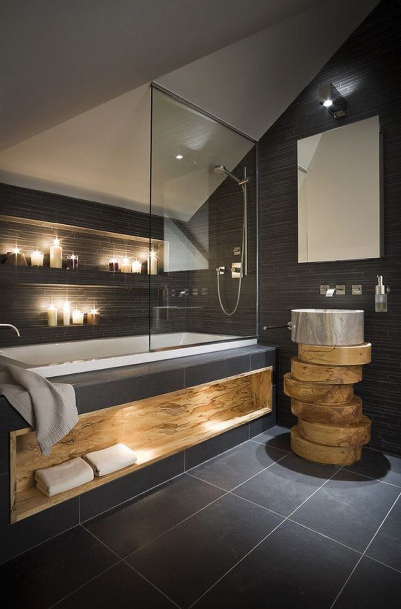 déco salle de bain zen-meuble-vasque-rondelles-bois-étagère-baignoire-bois