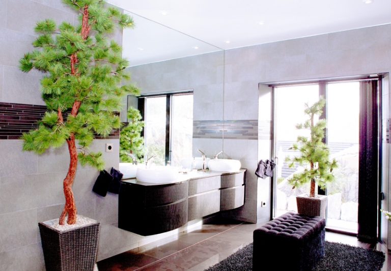 déco salle de bain zenmeuble-vasque-ovale-bois-brun-foncé-bonsais