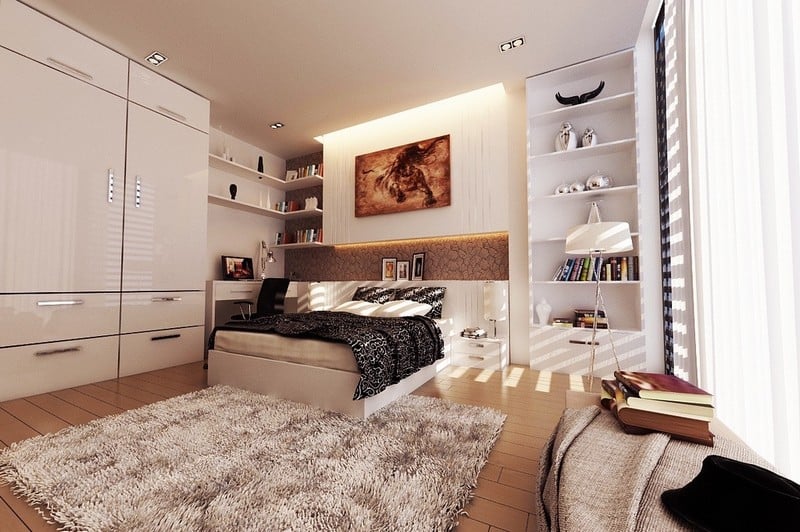 dressing-petite-chambre-dressing-beige-tiroirs-poignees-metal-meuble-etageres-niche-rangement