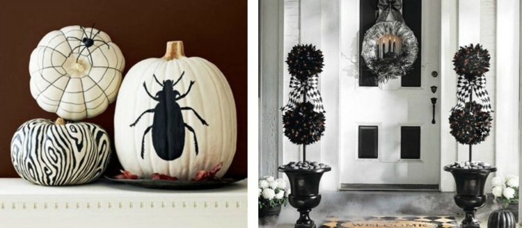 déco-Halloween-maison-citrouilles-blanches-motifs-zébrés-noirs-scarabée-noire