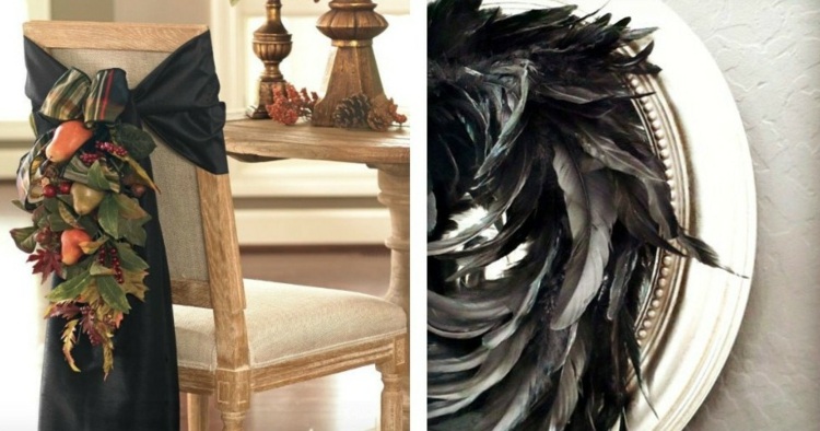 déco-Halloween-maison-plumes-oiseau-noires-grises-noeud-papillon-noir-décoratif