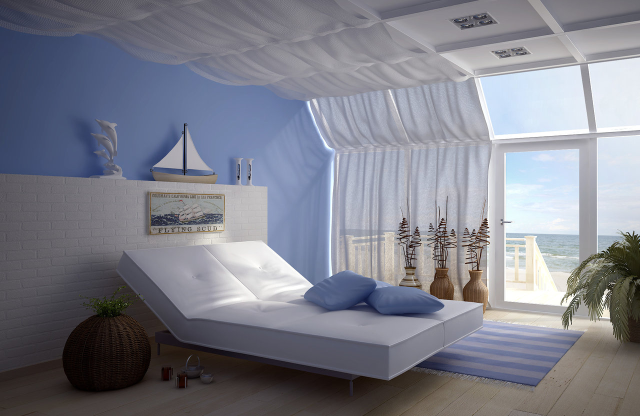 déco-bord-mer-chambre-coucher-lit-design-blanc-peinture-murale-grands-fenêtres