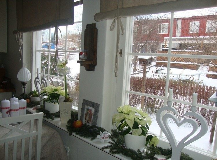 décoration-fenêtre-Noël-plantes-cadres-blanc-coeurs-décoratifs-assortis
